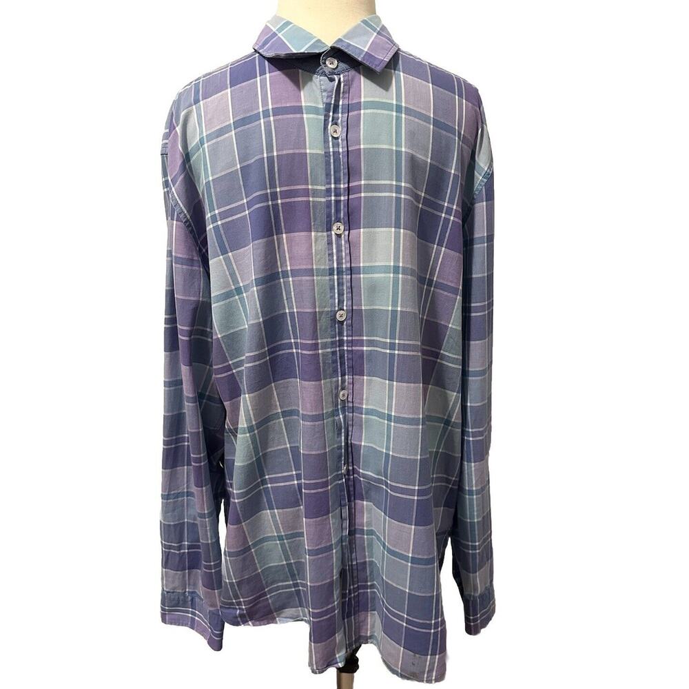 Men's HUGO BOSS Tonal Blue Purple Pastel Plaid Shirt Size X-Large